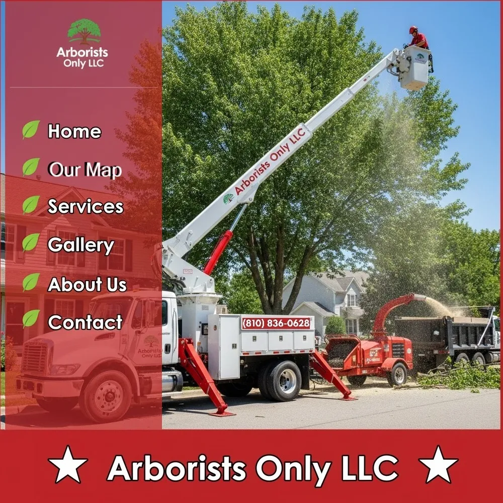 Arborists Only LLC bucket truck with overlayed menu links