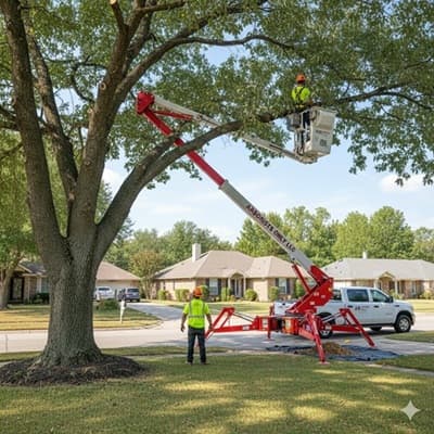Arborist using a red and white spider lift to prune and trim a residential tree